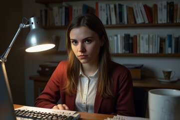 Fototapeta premium young european brunette woman sitting in a dimly lit room with desk lamp, typing on laptop keyboard, serious emotions
