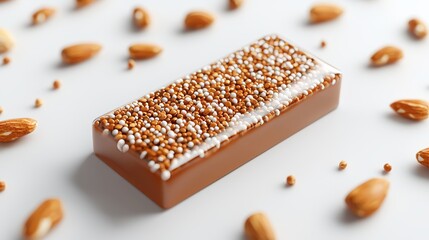 Crisp and detailed 3D granola bar with oats and nuts, isolated on white, clear cutout, sleek and minimal product look
