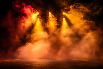 Obraz premium Dramatic Lighting Effects with Colorful Stage Spotlights Creating a Misty Atmosphere for Performances and Spectacles in a Dark Environment