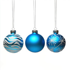 Three hanging ornaments, Blue and silver Christmas decorations, showcasing various designs and textures, perfect for festive celebrations