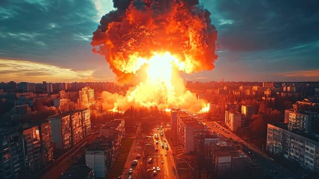 nuclear bomb explosion in the city. threat of nuclear war 4K Video