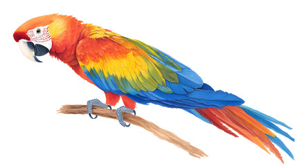 Fototapeta premium The green-winged macaw is among the largest macaw species It has red body feathers and underwings and is walking on floor Photo on white background. This has clipping path.