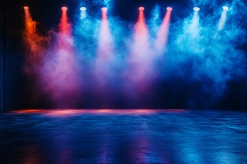 Naklejka premium Dramatic Stage with Colorful Spotlights and Atmospheric Fog Creating a Captivating Performance Backdrop for Theatrical Events and Concerts
