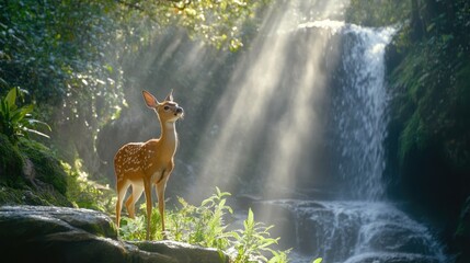 Young Fawn Standing Gracefully by a Serene Waterfall in Nature