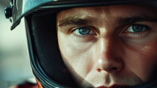 The depicts a race car driver wearing a helmet, gazing intently ahead, exhibiting an atmosphere suggestive of a competitive motorsport. 4K Video