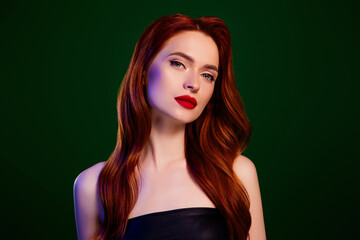 Naklejka premium Photo of cool gorgeous lady red haired with pomade look feel tempting isolated dark color background