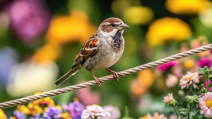 Fototapeta premium Sparrow perched on rope against vibrant floral background in spring
