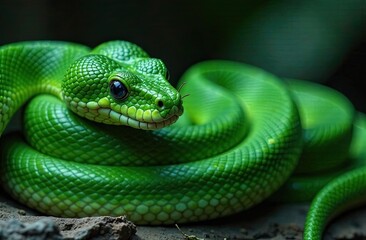 Fototapeta premium A vibrant green snake coiled up on a natural surface, with its textured scales glowing under soft lighting. Its large, glossy eyes reflect curiosity and alertness against a lush, blurred background