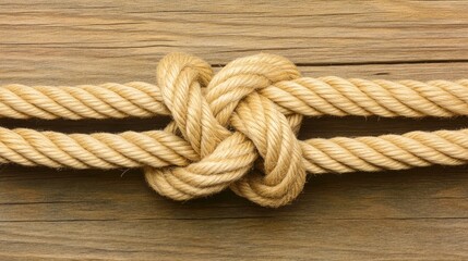 Detailed Close-Up of Intertwined Natural Fiber Rope Knot on Wood