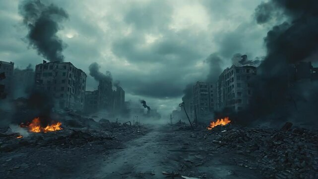 Panoramic view to the destroyed city after the war. Dramatic scene of the Bombed out, burning and fuming city. Human suffering and war. Ruined, deserted city after war with dark clouds. 4K Video