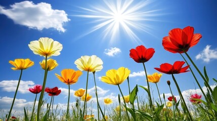 Naklejka premium Vibrant Flower Field Under Bright Blue Sky with Sun Rays and Clouds