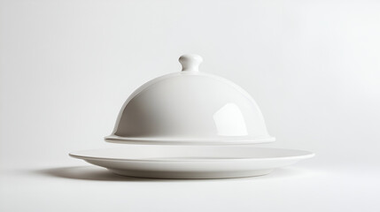 Fototapeta premium White serving cloche raised above empty white plate on white background