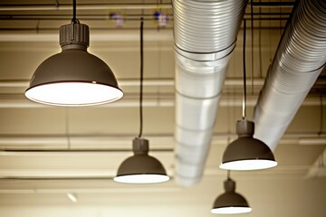 Obraz premium Industrial Ceiling Lights with Metal Shades Illuminating Minimalist Space Featuring Exposed Ductwork for Modern Interior Design and Architecture