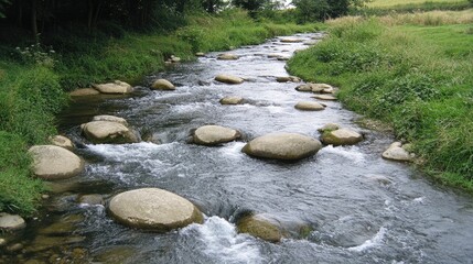 Flowing Stream with Smooth Stones and Lush Green Landscape