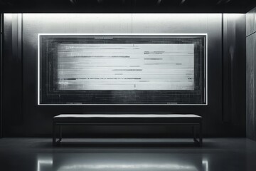 Modern Art Installation Featuring Abstract Digital Patterns on Wall, Illuminated by Soft Lighting, with Minimalist Bench in Front, Creating a Unique Contemporary Atmosphere
