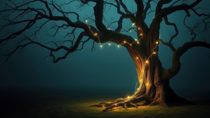 Beautifully lit string of fairy lights wrapped around the trunk of a ancient tree, autumn, rustic, christmas, nature, evergreen