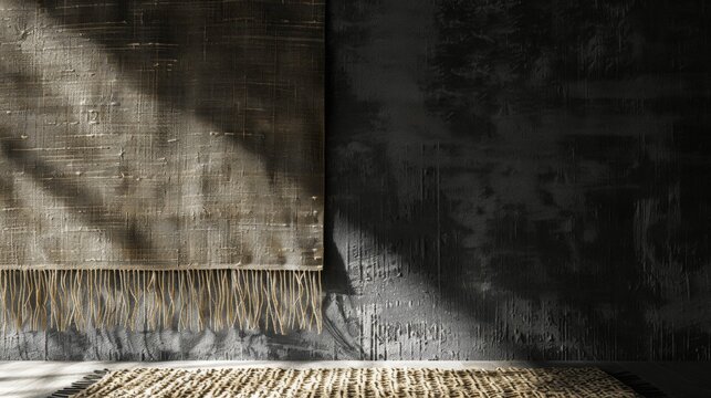 a dark wall with a black and white curtain and a rug on it