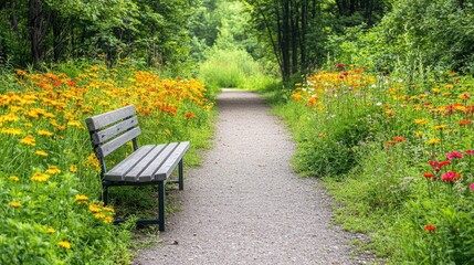 Fototapeta premium Serene Garden Pathway Surrounded by Colorful Wildflowers and Greenery