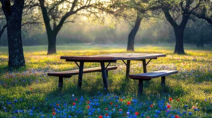 Naklejka premium Tranquil Outdoor Picnic Table Surrounded by Colorful Wildflowers