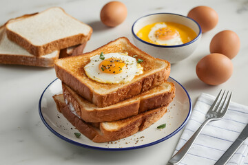 Breakfast Plate Golden toast, eggs, and white bread on a marble table exude morning charm