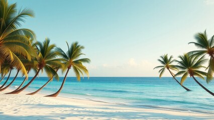 Fototapeta premium Classic vintage styled image of a tropical ocean beach with lush green palm trees and powdery white sand, , white sand, ocean wave, beach scenery