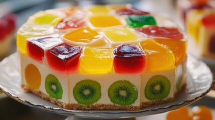 A vanilla sponge cake with colorful fruit slices and glossy fruit jelly topping 