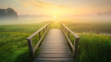 Obraz premium Serene Wooden Bridge Over Misty Meadow at Sunrise