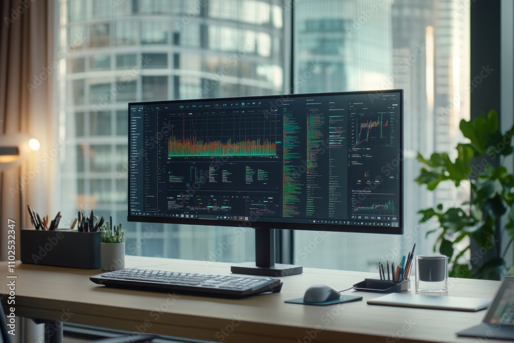 Poster modern office workspace with large monitor displaying data analytics and financial graphs in a trend