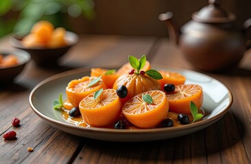 A beautifully arranged plate of sliced kumquats garnished with fresh basil leaves and black olives, set on a rustic wooden table with warm, natural lighting and a blurred teapot in the background