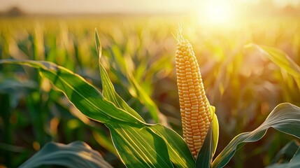 Rows of golden corn basking in gentle sunrays, close-up focus on cob details, kernels glowing against lush green leaves