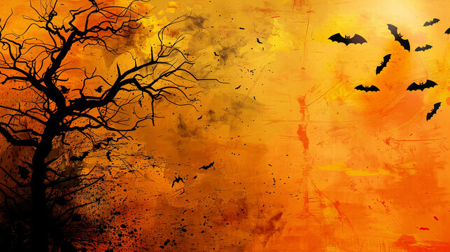 Eerie Halloween scene with a haunted castle, pumpkins, and a glowing moon.