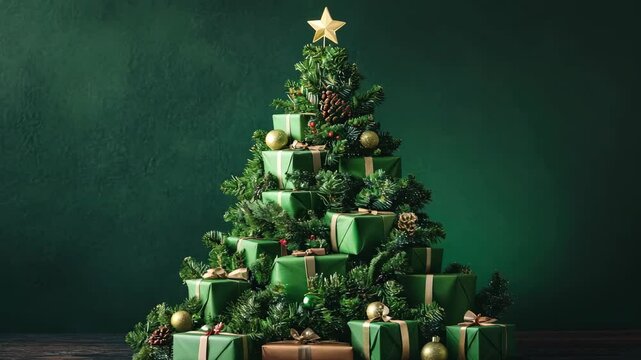 Green christmas presents and gifts stacked into a festive christmas tree shape 4K Video