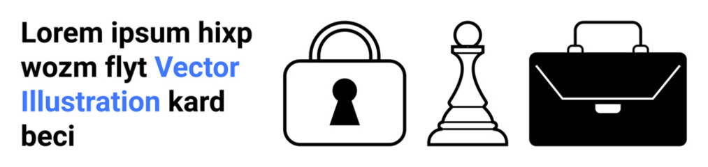 Briefcase, padlock, and chess piece icons next to text in various colors. Ideal for security, business strategy, professionalism, corporate branding, informational design, educational materials