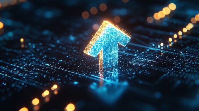 Sharp blue arrow glowing upward, reflecting on a modern finance chart with a digital glow, dark background, dynamic market growth theme