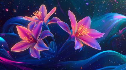 Neon lilies emerge vividly against a flowing with stars, portraying the serene motion of a celestial river. the artwork evokes a feeling of gentle, cosmic flow. Celestial. Illustration