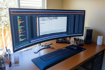 Naklejka premium Modern workspace featuring a large curved monitor displaying audio editing software alongside essential equipment for digital production and creativity.