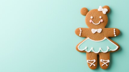 Obraz premium Gingerbread cookie shaped like a ballerina with a tutu and tiny shoes.