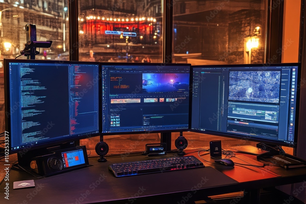 Poster modern workspace with triple monitor setup featuring code, editing software, and multimedia content 