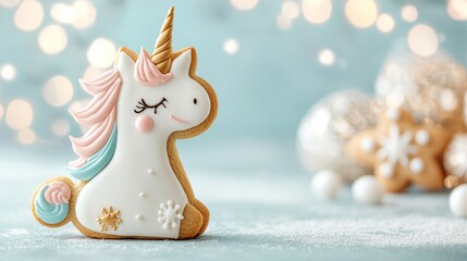 Gingerbread cookie shaped like a whimsical unicorn with a rainbow mane.