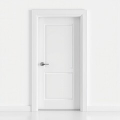 Modern white wooden interior door in a closed position with a subtle lock mechanism isolated on a white background, interior design elements., clean lines, subtle lock mechanism