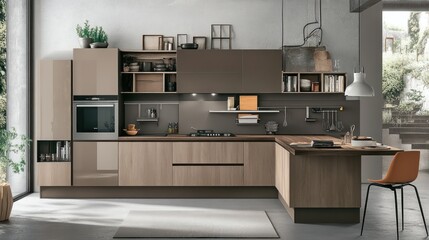 Modern kitchen design featuring sleek cabinetry and an island for cooking and dining.