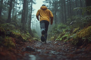 Fototapeta premium Running person in a yellow hoodie on a forest path surrounded by greenery. Concept of outdoor recreation and nature exploration. For fitness and adventure themes