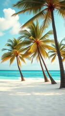 Vintage toned photo of a serene tropical ocean beach with tall palm trees and powdery white sand, blue sky, film distressed, tropical landscape, tropical ocean, beach scenery