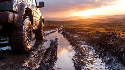 A muddy vehicle stranded on a rain-slick rural path, surrounded by puddles, as the sun starts to rise over faraway hills, signifying a journey from hardship