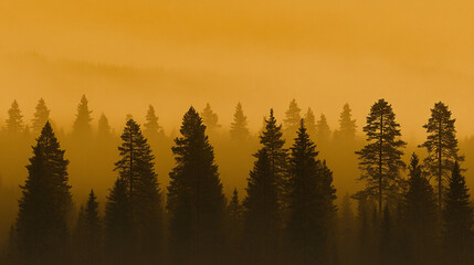 A serene forest silhouette against a golden-hued sky, creating a tranquil and ethereal atmosphere.