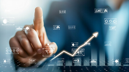 Dynamic financial interface, human hand interacting with a digital graph
