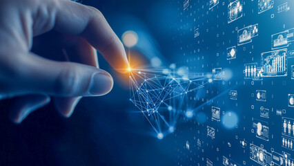 Dynamic financial interface, human hand interacting with a digital graph