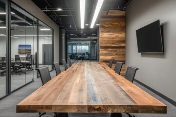 Spacious modern conference room with a large wooden table, sleek black chairs, and contemporary design elements for professional meetings and brainstorming sessions.