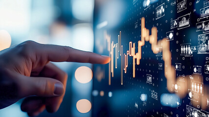 Dynamic financial interface, human hand interacting with a digital graph