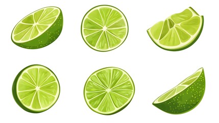Six lime slices in various positions, isolated on white background.